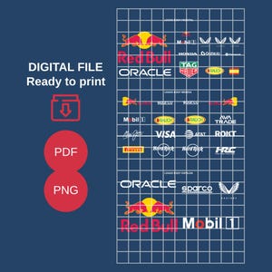 以下が含まれることがあります： Oracle、Mobil 1、Honda、Tag Heuerなど、レッドブル・レーシングのスポンサーロゴがグリッド状に並んだデジタルファイル。テキストには「Digital File」「Ready to print」「PDF」「PNG」と記載されている。レイアウトは、前面、腕、背面のセクションに分かれている。