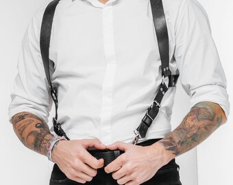 Leather Suspender Harness for Trousers with 2 Clips, X Back Men Harness, Black Red White Vegan Leather Harness, XS-5XL