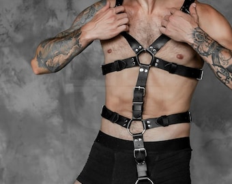 Male Slave Chest Harness, Bondage harness, Leather Slave O-Ring Harness, Adjustable Black Leather Harness, XS-5XL