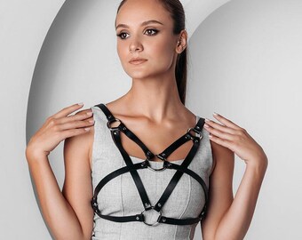 Leather Chest Harness Black, Leather Open Cup Bra harness, Gothic harness, Belt with shoulder strap, Leather shoulder harness, Harness top