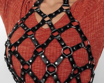 Handmade Red Leather Cage Harness Top, Adjustable Statement Body Accessory for Women, Gothic Festival Outfit, Sexy Cage Bra Style Over Dress