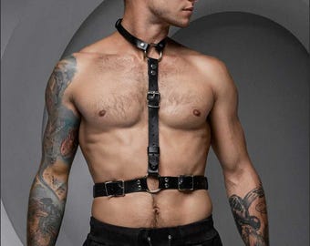 Black Leather Body Fashion Harness, Plus Size Harness for Man ,Neck too Waist Harness Belt for Men, XS-5XL