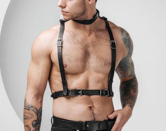 Men's Leather Chest Harness Choker Set, Rave Outfit, Plus Size Options, XS-5XL