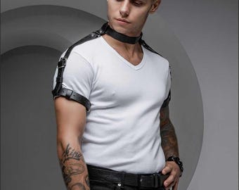 Adjustable Leather Neck to Arm Harness ,BDSM Restraint Gear, Unisex Bondage Shoulder Strap, Fetish Wear for Mature Play, Arm Band, XS-5XL