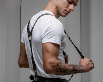 Black Leather Groomsmen Harness, Men's Vegan Leather Chest Harness: Handmade Suspender Belt, XS-5XL