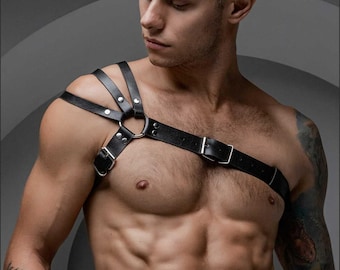 Vegan Leather Men's Harness, One Shouler Strap Asymmetric Harness, White Black Red Collar Options, XS-5XL