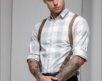 Brown Leather Suspender Harness, Adjustable Men Accessory, Brown Leather suspenders for trousers, XS-5XL