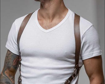 Brown Leather Suspender Harness Men, Adjustable Belt Harness, Suspenders for Groomsmen, XS-5XL
