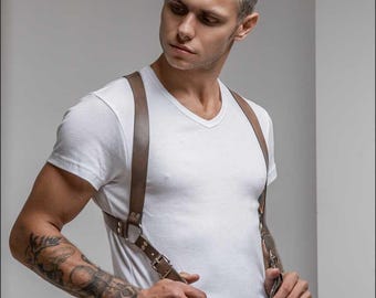 Brown Leather Harness, Custom Leather Suspenders for Groomsmen - Personalized Harness for Men, XS-5XL