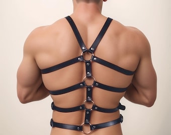 Black Leather Men’s Harness, Fetish Gear for Men, Chest Harness, Club Wear, BDSM Body Belts, XS-5XL