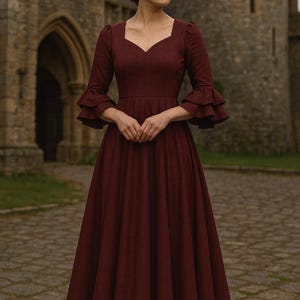 Digital Sewing Pattern | Women’s Full-Length Princess Seam Dress with Natural Waist, Double Ruffle Sleeves, Back Button | PDF Download