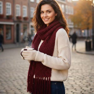 May include: A woman wearing a cream-colored sweater, burgundy scarf with fringe, and matching gloves. She is holding a mug with steam rising from it. The scarf and gloves are a deep red color, and the sweater is a neutral cream color.