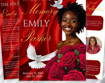 May include: A memorial tribute featuring a portrait of Emily Parker, surrounded by red roses and doves. The design includes the text "In Loving Memory" and her birth and passing dates. The cover also includes the text "08 PAGES INCLUDED EDITABLE IN CANVA".