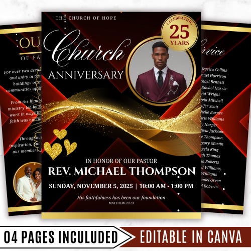 04 Pages Church Anniversary Program Template, Editable Bifold 8.5x11” Design, Church Appreciation Program, Anniversary & Faith Celebration
