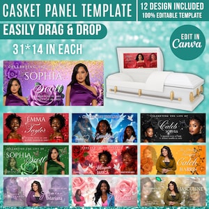 May include: A white casket with gold-colored handles is displayed, accompanied by 12 editable casket panel templates. Each panel features a photo and text, with dimensions of 31 x 14 inches. The design includes floral and decorative elements.