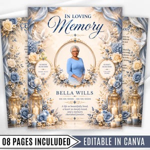 May include: A funeral program template featuring a central portrait of a person in a blue dress, surrounded by blue and cream roses, white doves, and gold lanterns. The text reads In Loving Memory, Bella Wills, and includes placeholder dates.