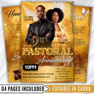 04 Pages Gold Pastoral Church Anniversary Program Template, Editable Bifold 11x8.5” Design, Church Appreciation Program, Anniversary Faith