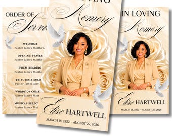 08 White In Loving Memory Funeral Program Template, Memorial Editable Tri-Fold 17x11” , Obituary Celebration Of Life, Digital Download