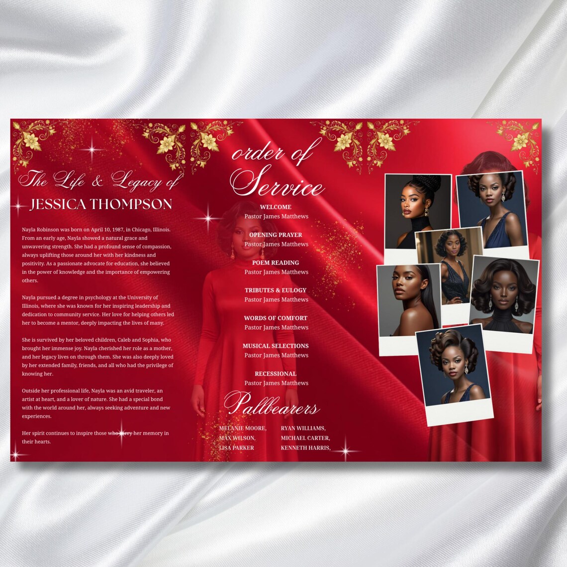 In Loving Memory Trifold Red Funeral Program Template, Trifold 17x11 ...