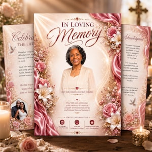 May include: A funeral programme template featuring the text In Loving Memory, a portrait of a woman, and floral accents in shades of pink and cream. The design includes sections for service information, dates, and a heartfelt tribute message.