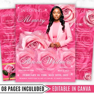 May include: Pink memorial service program with a photo of a woman, surrounded by pink roses. The text reads "In Loving Memory Aurora Whitmore" with dates and service details. Includes "08 Pages Included" and "Editable in Canva".