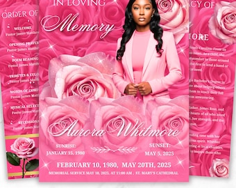 08 Pages Memorial Roses Pink Funeral Program Template, Editable Bifold 8.5x11” Design, Obituary Celebration Of Life Program,Digital Download