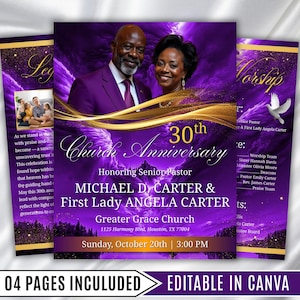 May include: A purple church anniversary flyer with gold accents. The flyer features a photo of a man and woman, the text "30th Church Anniversary", and event details. The bottom reads "04 PAGES INCULUDED EDITABLE IN CANVA".