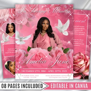Könnte beinhalten: Rosa Gedenkkarten-Design mit dem Text "In Loving Memory" und "Amelia Jane". Enthält ein Porträt, Tauben und Rosen. Enthält Daten, Uhrzeiten und Ortsangaben. Die Wörter "08 PAGES INCULUDED" und "EDITABLE IN CANVA" sind ebenfalls sichtbar.