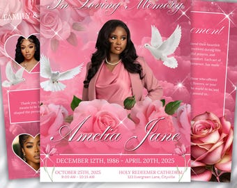 08 Pages Pink Roses Funeral Program Template, Bi-Fold Funeral Program, In Loving Memory, Obituary Celebration Of Life Program