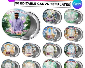 20 modelli di spille commemorative "In Loving Memory" modificabili su Canva, design di spille commemorative su Canva, spille "Rest in Peace", download digitale
