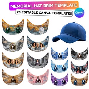 Puede incluir: Una gorra de béisbol azul junto a una colección de plantillas de ala de sombrero conmemorativo. Las plantillas presentan fotos, texto y gráficos de palomas. El texto en las plantillas incluye "Memorial Hat Brim Template" y "25 Editable Canva Templates."