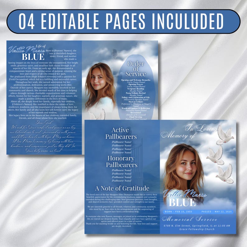 Funeral Foldable Program A4 Template 4 Pages Funeral Program Editable Template, Bi-fold Funeral Program ...