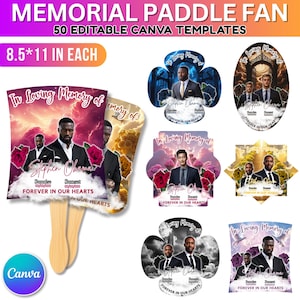 May include: A collection of memorial paddle fans with various designs. Each fan features a portrait, the text "In Loving Memory of", and the name "Stephen Obama". The fans are 8.5 x 11 inches and include editable Canva templates.
