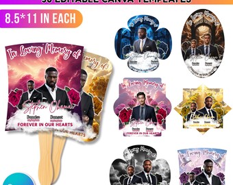 May include: A collection of memorial paddle fans with various designs. Each fan features a portrait, the text "In Loving Memory of", and the name "Stephen Obama". The fans are 8.5 x 11 inches and include editable Canva templates.