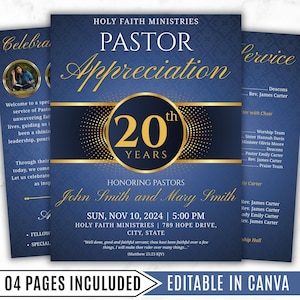 Puede incluir: Un folleto azul y dorado para el evento de Agradecimiento al Pastor. El folleto incluye el texto "Holy Faith Ministries", "Pastor Appreciation" y "20th Years". El folleto también incluye los nombres John Smith y Mary Smith.