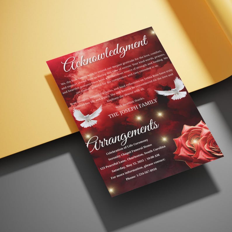 May include: A memorial announcement with a red and black background, featuring the text "Acknowledgment" and "Arrangements." The design includes doves, roses, and event details for a memorial service, including the date, time, and location.