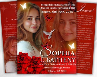 May include: A memorial card with a portrait of a woman, butterflies, and roses. The card includes the name SOPHIA L. BATHENY, event details, and the text "04 PAGES INCULUDED EDITABLE IN CANVA".