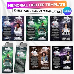 May include: A digital template for memorial lighters. The design features a variety of templates with photos, names, and dates. The text includes "Memorial Lighter Template" and "10 Editable Canva Templates". The lighters have a warning label.