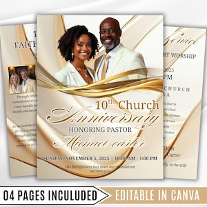 May include: A multi-page church anniversary announcement with a gold and cream color scheme. The main page features a photo of a smiling couple, the text "10th Church Anniversary," and the name "Michael Carter." Additional pages include service details and the text "04 PAGES INCULUDED EDITABLE IN CANVA."