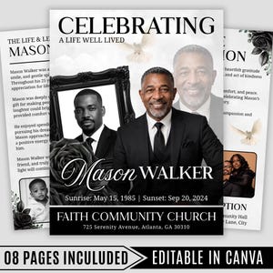 May include: A funeral programme template featuring the text CELEBRATING A LIFE WELL LIVED, MASON WALKER, and dates Sunrise: May 15, 1985 | Sunset: Sep 20, 2024. The design includes a portrait of a man in a suit, a framed photo, and white doves.