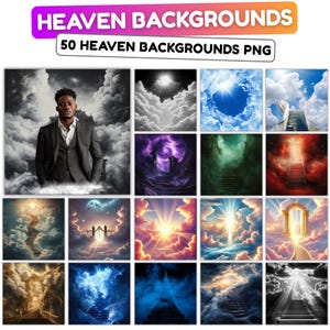 May include: A collection of 50 digital PNG heaven backgrounds. The images feature various scenes of clouds, stairways, and heavenly figures. The top banner reads "HEAVEN BACKGROUNDS" in a gradient color, with "50 HEAVEN BACKGROUNDS PNG" below.