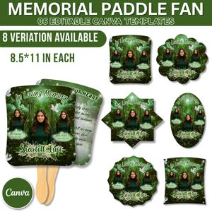 May include: Memorial paddle fan templates with various shapes and designs. Each fan features a photo, the text "In Loving Memory", and the name "Scarlett Luci". The fans are 8.5 x 11 inches in size.