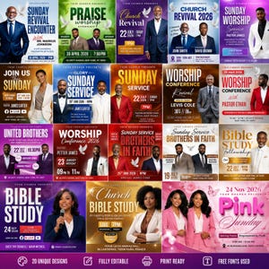 May include: A collection of twenty church event posters with various designs. Each poster features event details, speaker names, and dates. The color palette includes red, blue, and gold, with images of people.