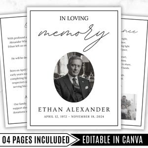 Puede incluir: Una tarjeta conmemorativa con el texto "In Loving Memory" y el nombre "Ethan Alexander". La tarjeta incluye una foto en blanco y negro de un hombre con traje. También se incluyen las fechas "April 12, 1972 - November 18, 2024". Las palabras "04 PAGES INCULUDED EDITABLE IN CANVA" están en la parte inferior.