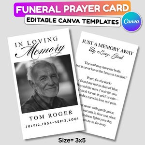 Könnte beinhalten: Vorlage für eine Trauerkarte mit dem Text "Funeral Prayer Card" und "Editable Canva Templates". Die Karte zeigt ein Schwarz-Weiß-Foto eines Mannes mit dem Text "In Loving Memory" und "Tom Roger". Die Kartengröße beträgt 7,6 x 12,7 cm.
