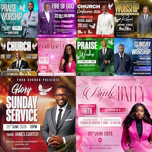 May include: A collection of ten church event flyers featuring various pastors and speakers in formal attire. Each flyer includes event titles like Praise Worship, Fire of God, Church Conference, and Pink Unity, along with dates, times, and locations.