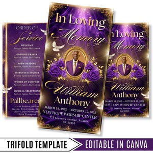 May include: A funeral program trifold template featuring a deep purple background with gold accents, white doves, and purple roses. The text reads In Loving Memory, William Anthony, and includes service details, dates, and location information.