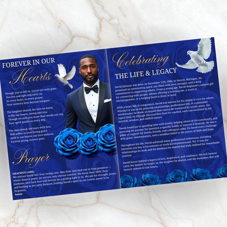 May include: A memorial card with a photo of a man in a suit, surrounded by text and floral accents. The card's theme is a celebration of life, with text including phrases like "Forever in Our Hearts" and "Celebrating The Life & Legacy."