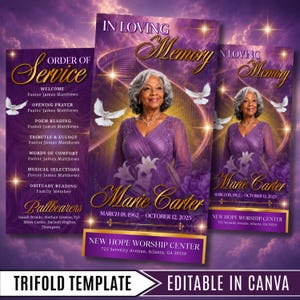 May include: A purple funeral programme trifold template featuring a portrait of Marie Carter in a purple dress, white doves, and lilies. Text includes In Loving Memory, Order of Service, and New Hope Worship Center, 725 Serenity Avenue, Atlanta, GA 30310.