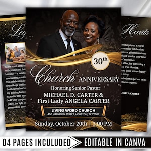 May include: A black and gold church anniversary flyer featuring photos of Michael D. Carter and Angela Carter. The flyer includes the text "30th Church Anniversary" and event details for Living Word Church in Houston, TX.